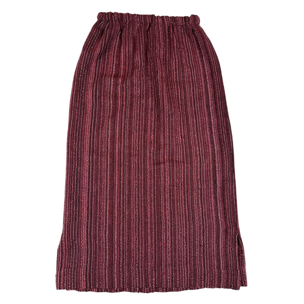 Vtg Handmade Woven Midi Skirt Burgundy Stripe Elastic Boho Textured S Hippie